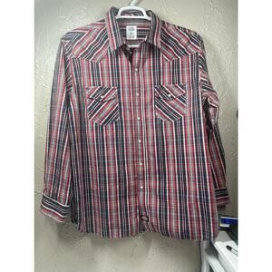 Dickies Men's Pearl Snap Western Shirt Blue Red Plaid‎ Size XL